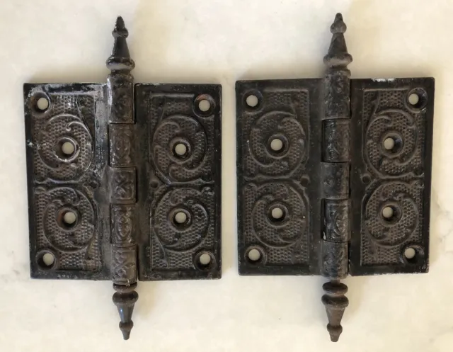 Pair of Antique Victorian Eastlake Steeple Tip Door Hinges 4 1/2” X 4 1/2”