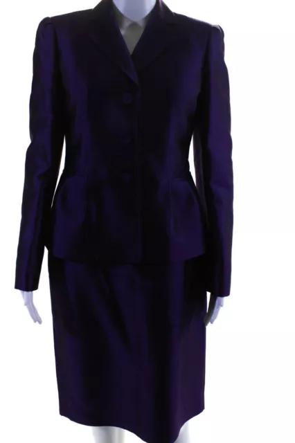 Albert Nipon Womens Wool + Silk Notch Collar 3 Button Skirt Suit Purple Size 8