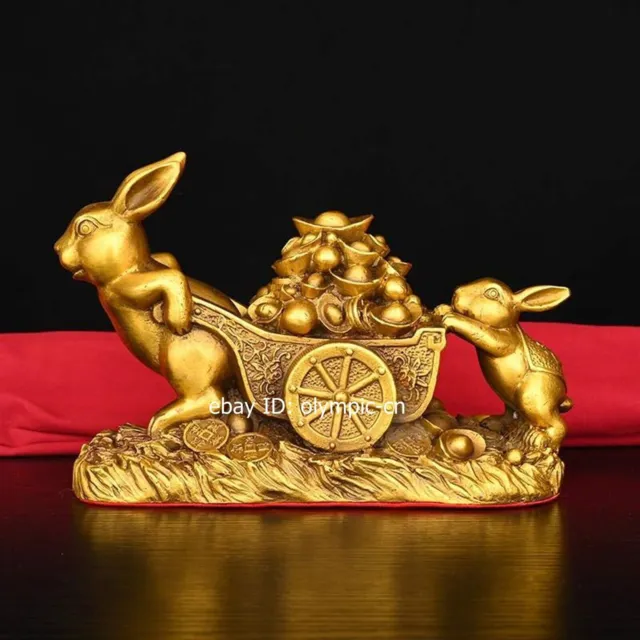 8'' brass sculpture home geomantic rabbit pull cornucopia wealth Yuan bao cart