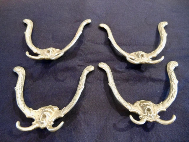 Vintage Set Four (4) Victorian Style Solid Brass Lion Head Coat/Hat Hook Hangers