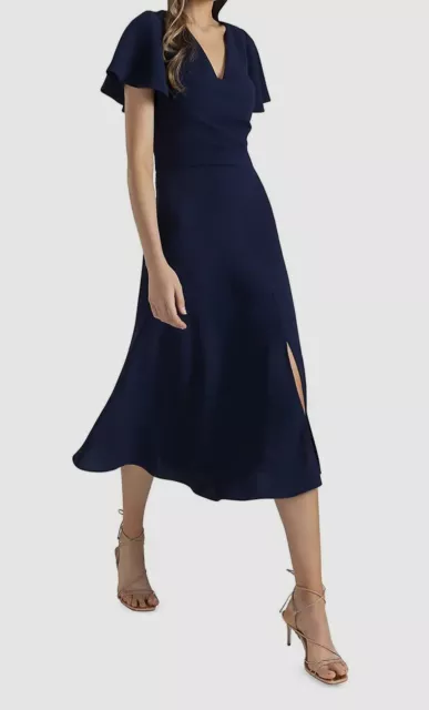 $440 Shoshanna Women's Blue Ophelia Stretch Crepe Midi A-Line Dress Size 4