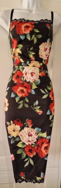 Karen Millen Damen-Bodycon-Kleid schwarz Blumenmuster Satin Riemen Spitze wackeln 10 neu.