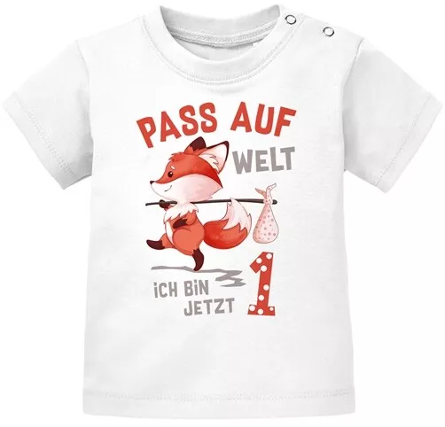 Baby T-Shirt 1. Geburtstag Pass auf Welt ich bin jetzt 1 Fuchs Geburtstagsshirt