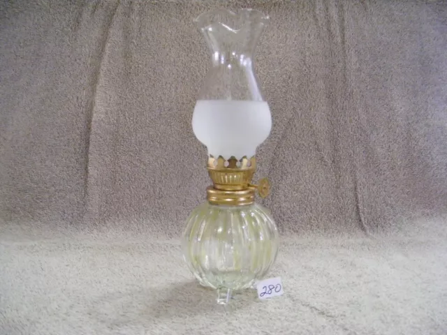 280) Miniature 3 Legged Yellow Tint Glass Oil Lamp W/ Clear & Frosted Globe