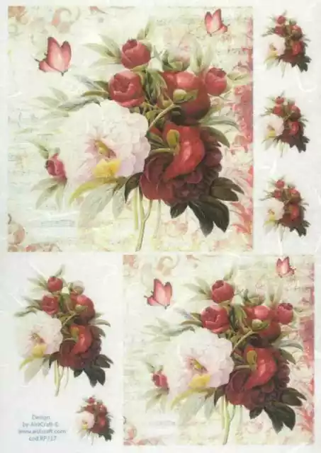 Rice Paper A/4 for Decoupage Scrapbook Sheet  - Red Bouquet Small