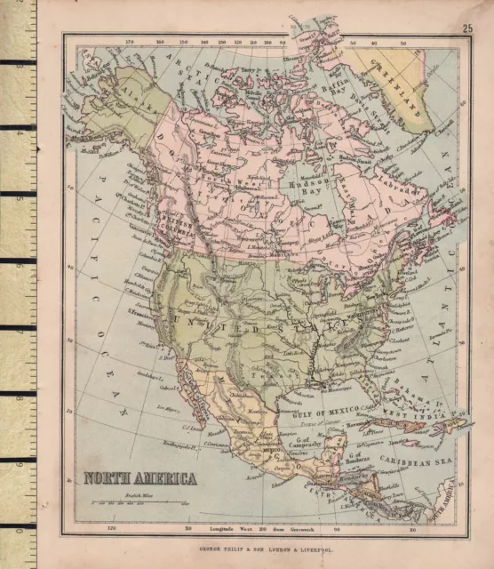 c1880 VICTORIAN MAP ~ NORTH AMERICA ~ MEXICO UNITED STATES CANADA