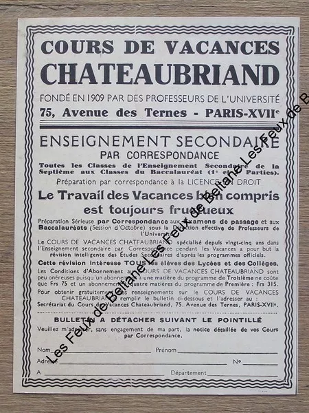Publicité ancienne Cours de vancances Chateaubriand  1935,pub, advert