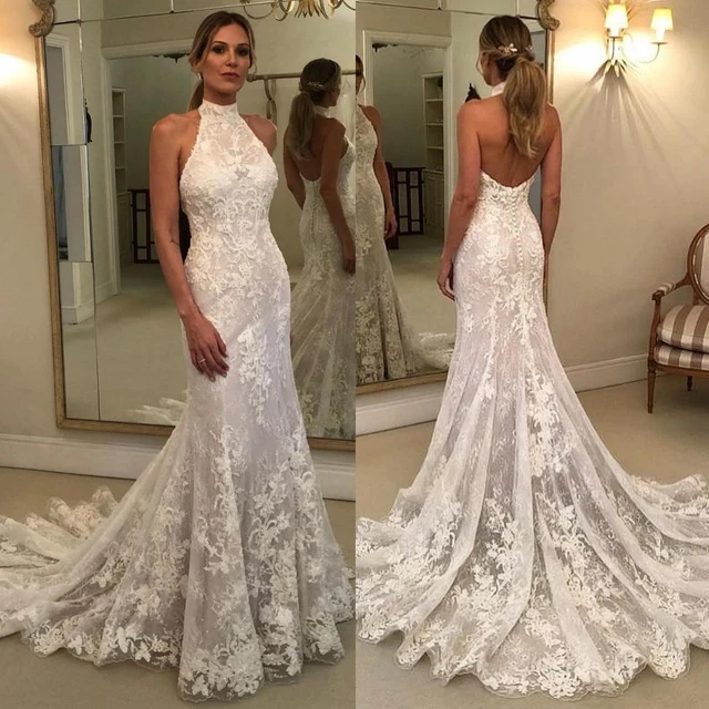 Mermaid Wedding Dresses Halter Neck Backless White Ivory Sweep Train Bridal Gown