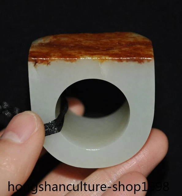 1.6'' top-level hetian jade Hand carved rough Exorcism Headgear Ring Fingerstall