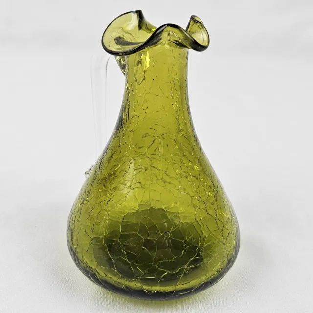 Mid Century Crackled Olive Small Glass Vase Hand Blown Antique With Handle 2