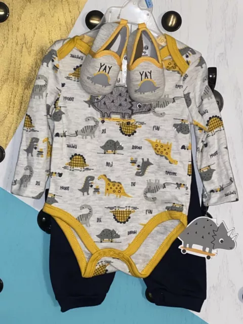 NWT Infant Baby Boy 3-6 month 3 piece Outfit Pants Romper Shoes Dinosaurs