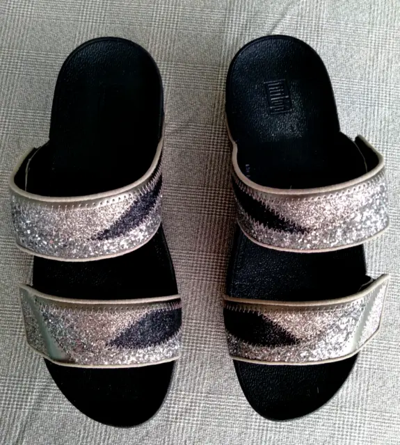 Fitflop Sandal 9 Mina Glitter Black Silver Mule Slide Double Strap Hook/Loop