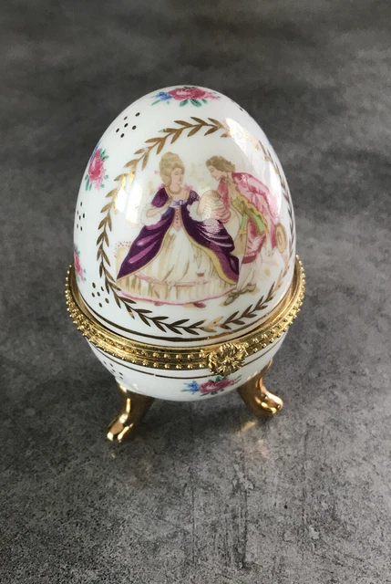 Boîte à Bijoux Ancienne En Porcelaine Forme œuf - Blanc, Bleu Et Doré, Occasion, Peut Servir De Pilulier