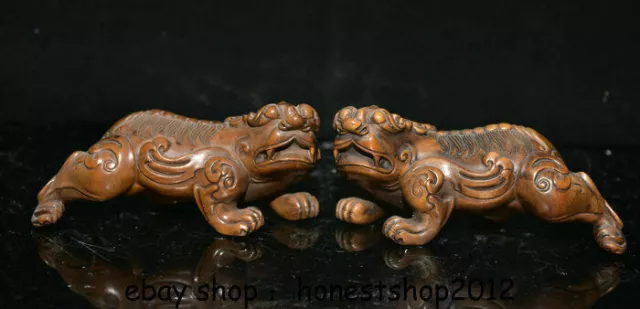 4.8" China Boxwood Carving Feng Shui Pixiu Beast Unicorn Lucky Statue Pair