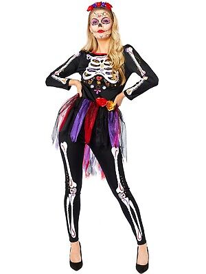 Abito elegante da donna messicano DOTD giorno dei morti scheletro scheletro donna adulta costume di Halloween