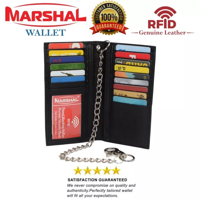 RFID Blocking Chain Wallets for Men Biker Long Bifold Genuine Leather Wallet wit