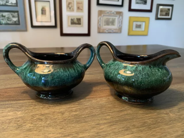 Evangeline Creamer and Sugar Bowl Green Black Made in Canada 903 904 Pottery