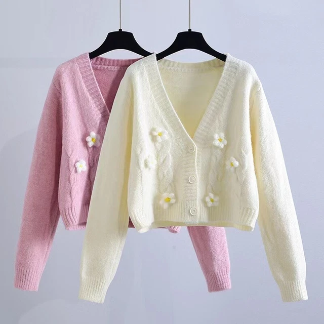 Donna Floreale Cavo Maglia Cardigan Corto Maglione Cappotto Manica Lunga Giacca