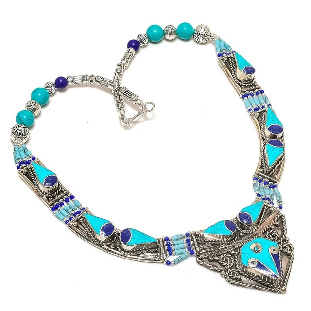 Pendentif Bohème Fait Main En Lapis-lazuli Naturel - Monture Argentée - Longueur 1,9 Pouce - Bijou Ethnique Népal/Inde