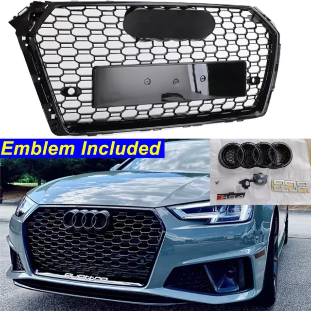 Honeycomb Front Grill For Audi A4 S4 B9 2017-2019 RS4 Style Gloss Black W/Emblem