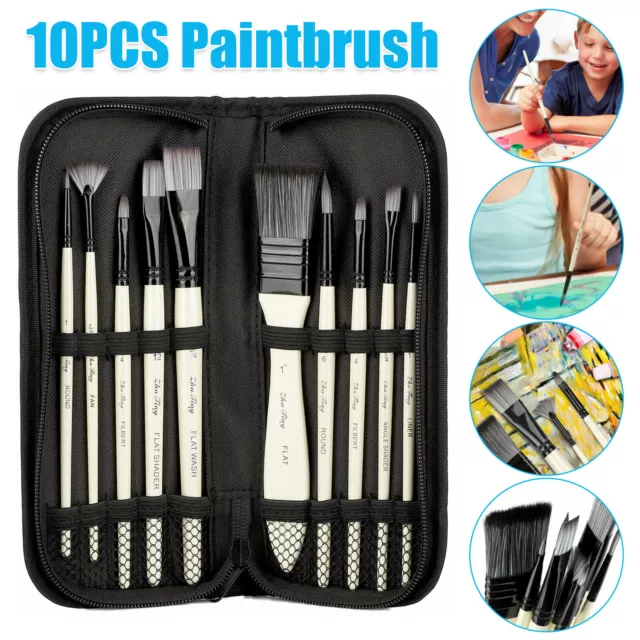 10PCS Paint Brushes Carrying Case Set Acrylic Oil Watercolour Art Craft Painting