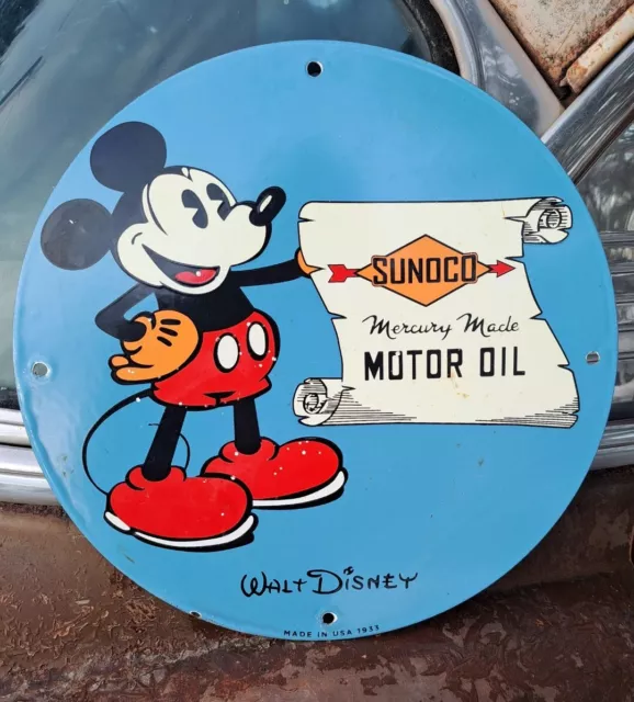 1933 Mickey Mouse Sunoco Porcelain Sign Gas Oil Mercury Walt Disney
