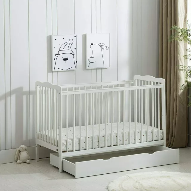 MCC® White Brooklyn Baby Cot Crib with Water repellent Mattress & Wheeled Drawer