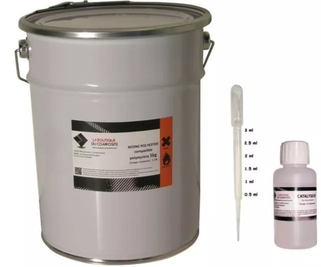 RESINE POLYESTER COMPATIBLE AVEC LE POLYSTYRENE. 5kg avec catalyseur & pipette.