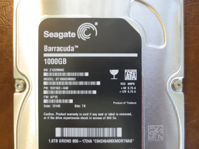 Seagate ST1000DM003 1CH162-040 FW:AP15 TK Apple#655-1724A 1.0TB 3.5" Sata HDD