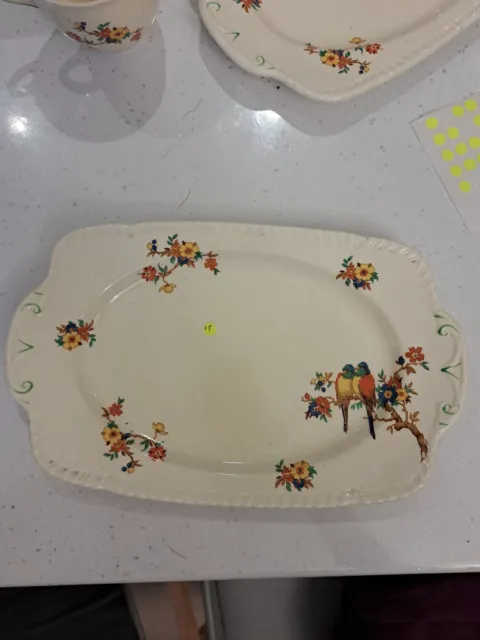 Staffordshire Knot Pottery Art Deco Rectangular Sandwich Plate Parrots Flowers