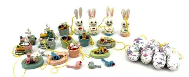 Vintage Easter Tree Ornaments Mini Wooden Tallest 2.25" Lot of 23 Rabbits Birds