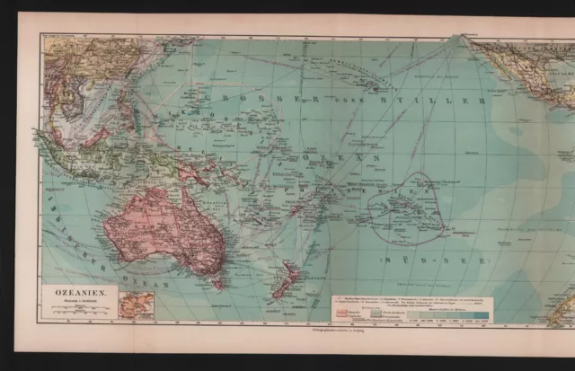 Landkarte map 1909: OZEANIEN. Mikronesien Polynesien Australien Borneo