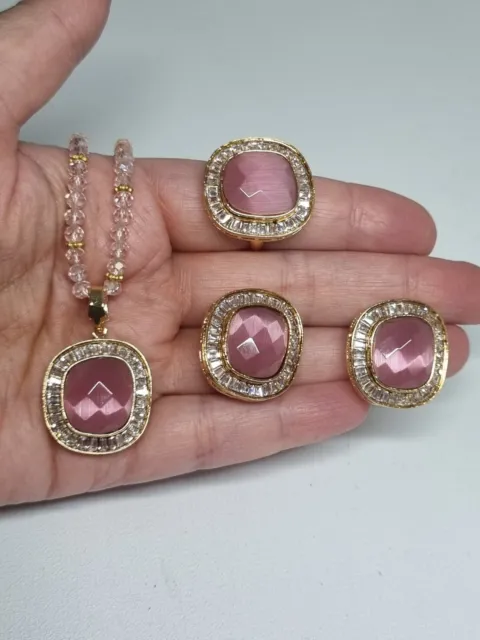 Indian Pakistani designer Gold Pink  stones Combo Set