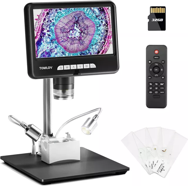 TOMLOV 2K Digital Microscope HDMI LCD 1200X Magnification 24MP+10" Stand+32GB