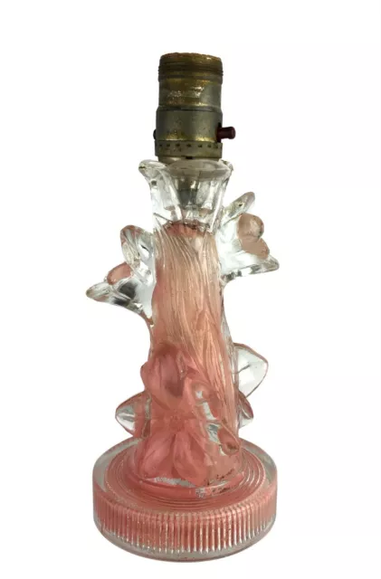 Vintage Clear Glass With Molded Flowers Electric Lamp Base Painted Pink Inside
