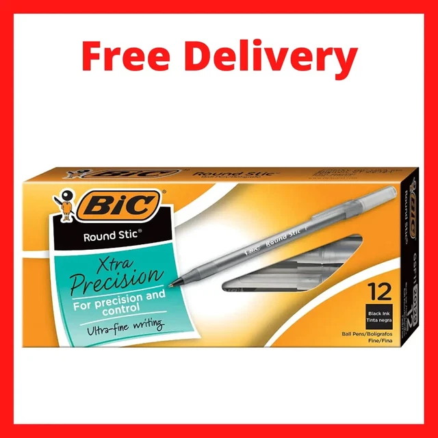 BIC Round Stic Xtra Precision Penna Sfera, Punta Fine 0.8 Mm, Inchiostro Nero, Confezione Da 24 Pezzi