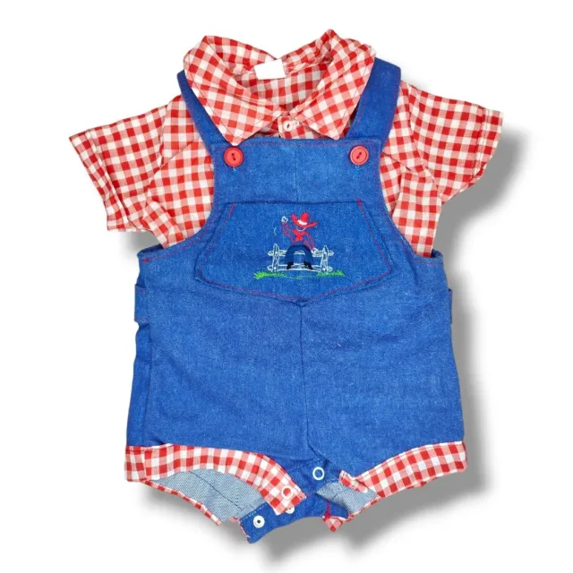 Vintage Denim Romper Overall Shorts Shirt Blue Red Checkered Farmer Cowboy 9-12m