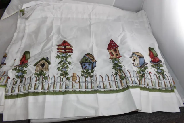 Country Kitchen Curtain Birds Birdhouses Cat Window Green Floral Red Blue White