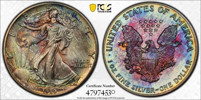 1989 MS68 Silver Eagle Rainbow Toned Strong Luster PCGS +Video