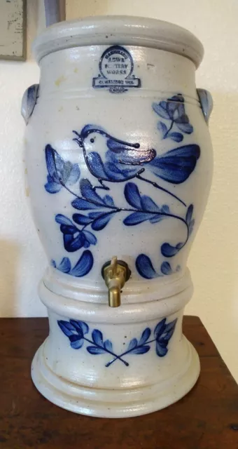 1988 Rowe Pottery Works Salt Glaze Water Cooler Crock W/Handles/Lid/Blue Bird