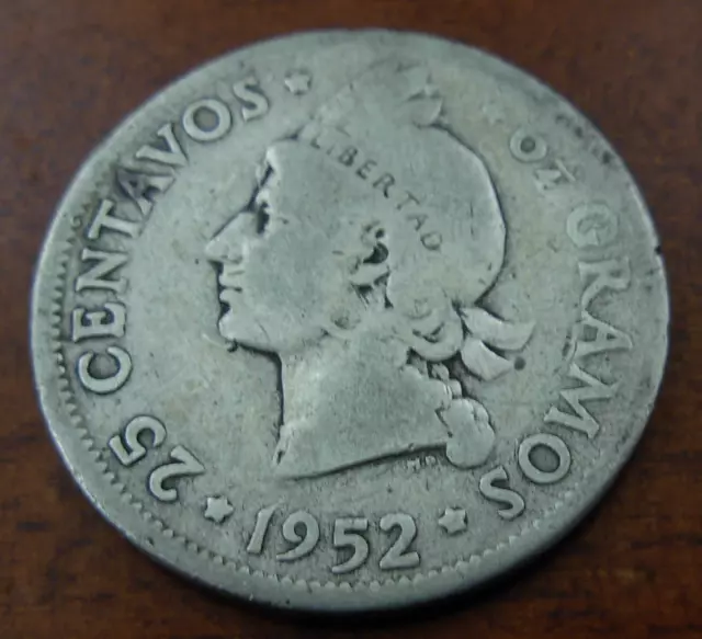 Dominican Republic 1952 Silver 25 Centavos VF Native Princess