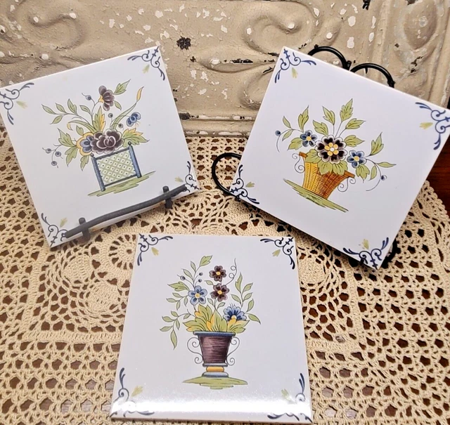 3 Antique French Salvage Hand Painted Ceramic Floral Tiles
