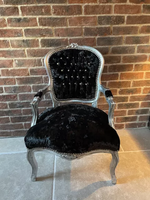 French Louis Style Shabby Chic Chair Black Crushed /Silver Frame/Diamanté’s