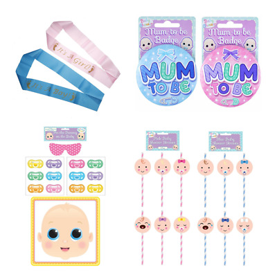 Baby Shower Items Gender Reveal Party Straws Badge Sash Mum To Be UK SELLER