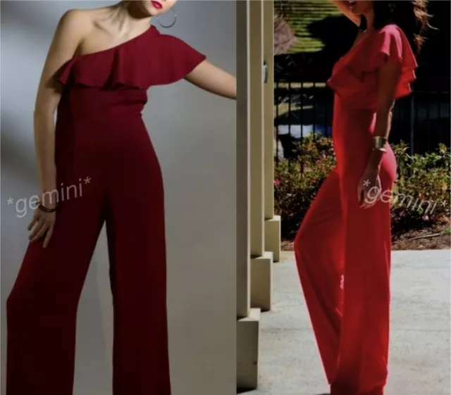 ZARA OVERALL SCHULTERFREI ROT RED OFF THE SHOULDER JUMPSUIT Asymmetric Frilled M