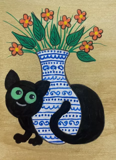 ACEO Original Acrylic Art Card Black Kitty Cat Kitten & Flower Vase by Saulite