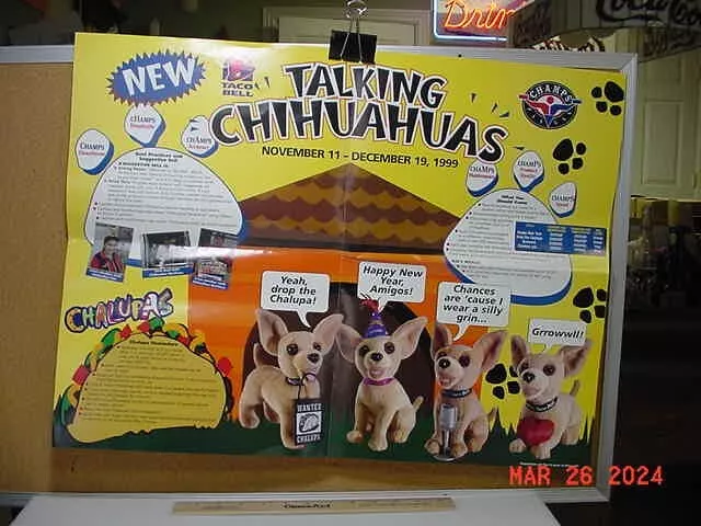 Taco Bell New Talking Chihuahuas Crew Training Poster Nov-Dec 1999 Plus 4 Dogs