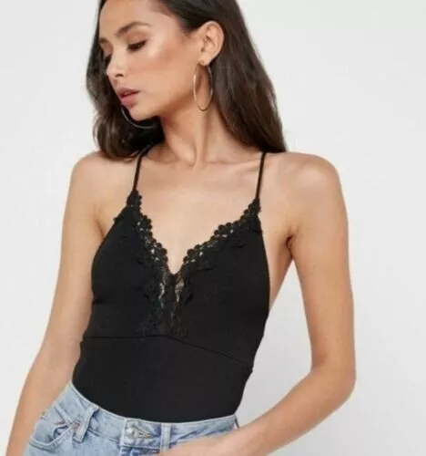 Topshop Women's Black Lace Trim Racerback Ribbed Bodysuit Black Size 2