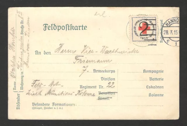 Wwi Germany - Feldpost Postcard With Stamp Red Cross - 1915.