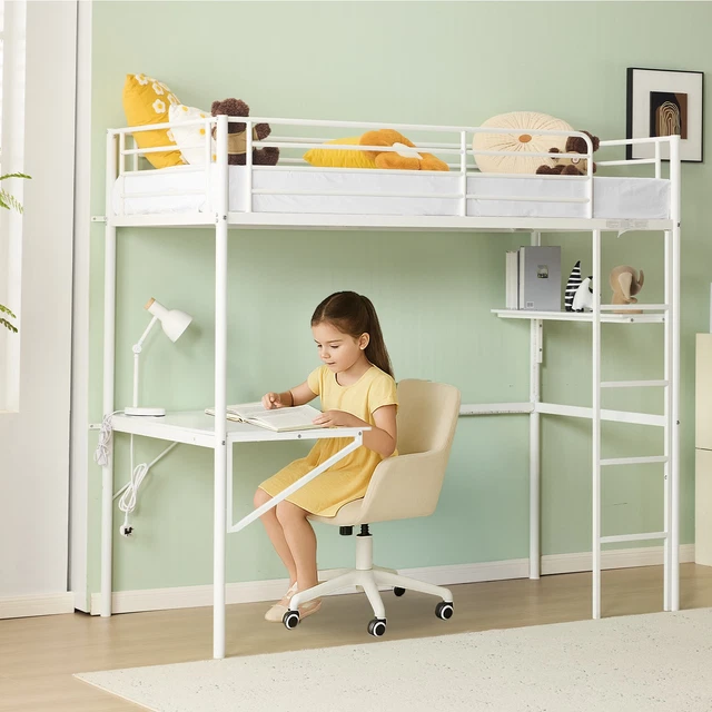 SINGLE SOLID METAL Loft Bed Frame High Sleeper Bunk Bed Study Desk ...